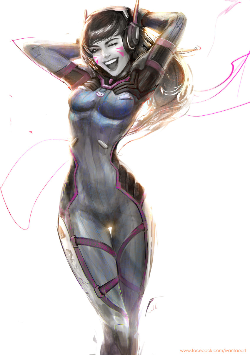 1girl ;d armor arms_behind_head arms_up bangs bodysuit breasts brown_eyes brown_hair contrapposto cowboy_shot d.va_(overwatch) dancing eyelashes facepaint facial_mark gloves hands_on_headphones headphones high_collar highres ivan_tao lips lipstick long_hair looking_at_viewer makeup one_eye_closed open_mouth overwatch pilot_suit shoulder_pads simple_background smile solo thigh_gap turtleneck watermark web_address whisker_markings white_background