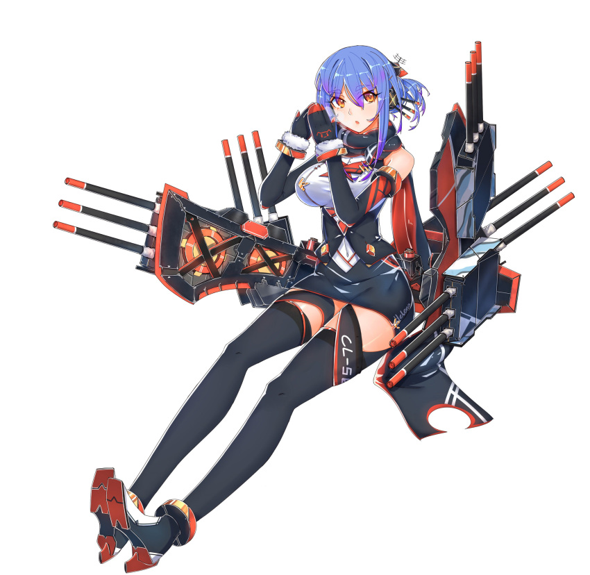 12cat 1girl alternate_costume bare_shoulders black_legwear blue_hair breath cannon character_name clothes_writing elbow_gloves eyes_visible_through_hair framed_breasts full_body gloves hair_between_eyes hair_up helena_(zhan_jian_shao_nyu) highres looking_at_viewer mecha_musume miniskirt mittens red_eyes scarf sitting skirt solo thigh-highs white_background winter_clothes zhan_jian_shao_nyu