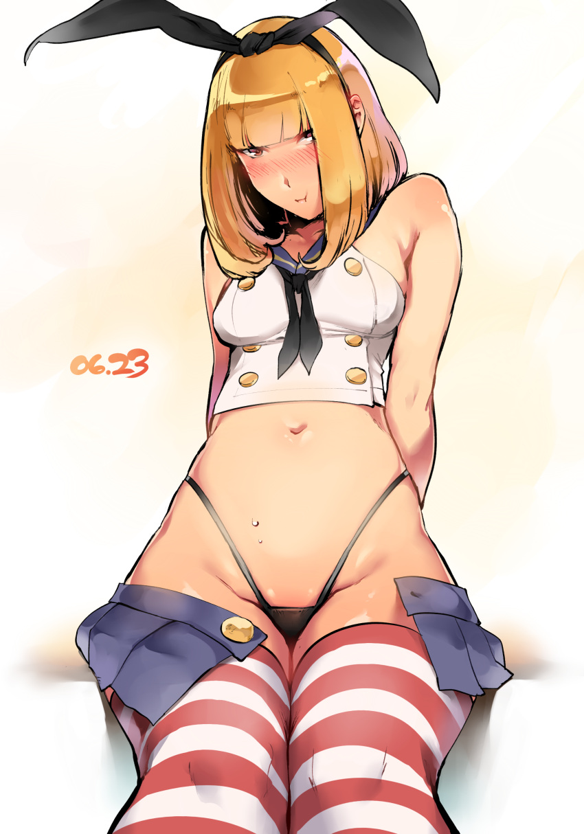 1girl absurdres arms_behind_back black_panties blonde_hair blush bow cosplay dated hair_bow highres kantai_collection kenshin187 looking_at_viewer midorikawa_hana miniskirt navel open_clothes open_skirt panties pout prison_school sailor_collar shimakaze_(kantai_collection) shimakaze_(kantai_collection)_(cosplay) skirt solo stomach striped striped_legwear sweat thigh-highs thong unbuttoned underwear