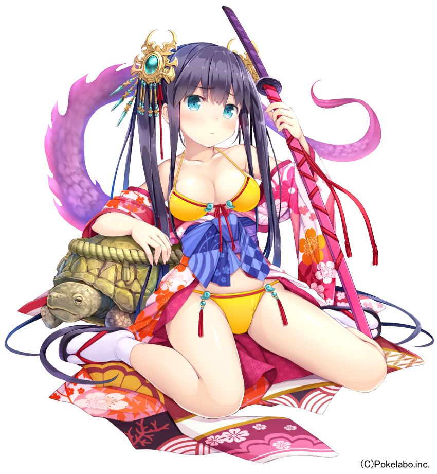 1girl absurdres arm_support arm_up bangs bare_shoulders bikini black_hair blue_eyes blush breasts cleavage collarbone company_name eyebrows eyebrows_visible_through_hair floral_print full_body gem hair_ornament highres holding holding_weapon japanese_clothes kimono long_hair looking_at_viewer namaru_(summer_dandy) official_art rope sandals sash simple_background sitting small_breasts socks solo string_bikini swimsuit sword tail tassel turtle twintails unmei_no_clan_battle very_long_hair wariza weapon white_background yellow_bikini