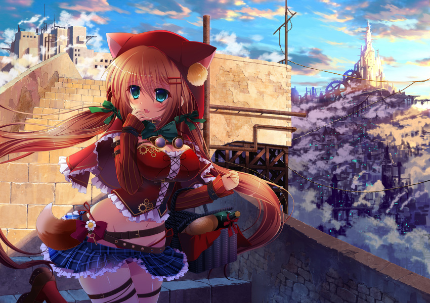 1girl alcohol aqua_eyes baguette bottle bow bowtie bread breasts brown_hair carrying cleavage commentary_request food goggles goggles_around_neck hair_bow hair_ornament hair_ribbon hairpin ichi_rin little_red_riding_hood little_red_riding_hood_(grimm) long_hair navel original panties pantyshot pantyshot_(standing) picnic_basket plaid plaid_skirt pleated_skirt red_hood ribbon skirt solo stairs standing steampunk twintails underwear wine wine_bottle