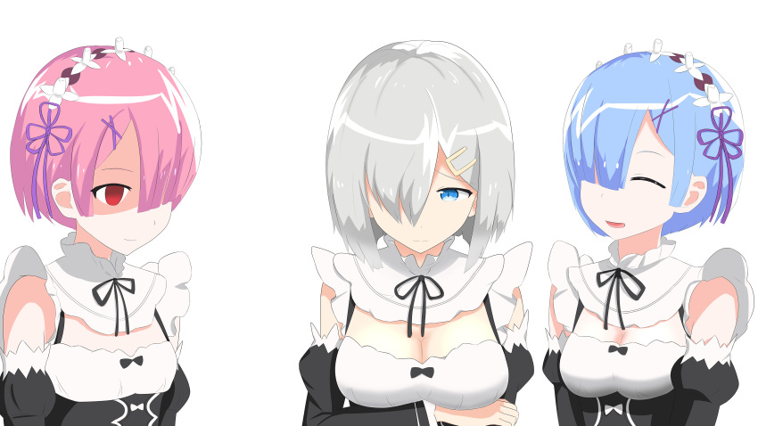 3girls absurdres alternate_costume bare_shoulders blue_eyes breast_envy breast_hold breasts cleavage cosplay crossover detached_sleeves embarrassed empty_eyes enmaided hair_ornament hair_over_one_eye hairband hamakaze_(kantai_collection) highres kantai_collection large_breasts light_smile looking_at_another looking_down maid matching_outfit multiple_girls pink_hair ram_(re:zero) re:zero_kara_hajimeru_isekai_seikatsu red_eyes rem_(re:zero) shaded_face siblings sisters small_breasts smile twins upper_body vipper_captain x_hair_ornament
