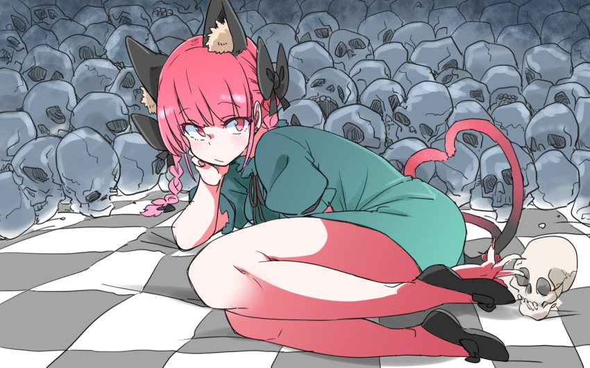 1girl animal_ears arm_support bare_legs bent_knees between_legs bow braid cat_ears cat_tail checkered dress earrings extra_ears full_body green_dress hair_bow hand_between_legs heart heart_tail jewelry kaenbyou_rin kagachan legs long_hair looking_at_viewer lying multiple_tails nekomata on_side puffy_short_sleeves puffy_sleeves red_eyes redhead ribbon shoe_bow shoes short_dress short_sleeves skull solo tail thighs too_many touhou twin_braids zk_(zk_gundan)