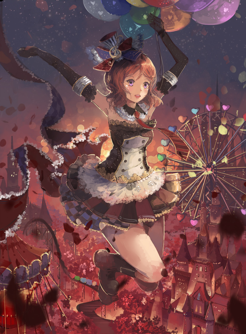 1girl amusement_park arms_up balloon carousel castle dress elbow_gloves ferris_wheel flying gloves hair_ornament hat heart heart-shaped_pupils highres love_live! love_live!_school_idol_project necktie nishikino_maki petals pleated_skirt qianqian redhead roller_coaster rose_petals skirt solo symbol-shaped_pupils violet_eyes