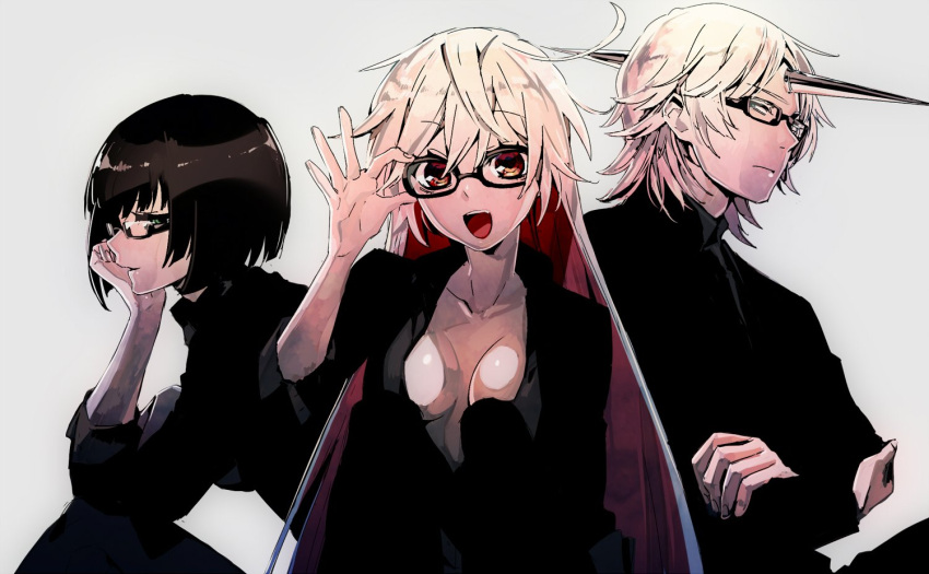 1boy 2girls adjusting_glasses bespectacled black-framed_eyewear black_hair breasts casual cleavage collarbone glasses guilty_gear guilty_gear_xrd horn i-no jack-o_(guilty_gear) long_hair medium_breasts multicolored_hair multiple_girls no_bra raven_(guilty_gear) redhead suzunashi two-tone_hair white_hair