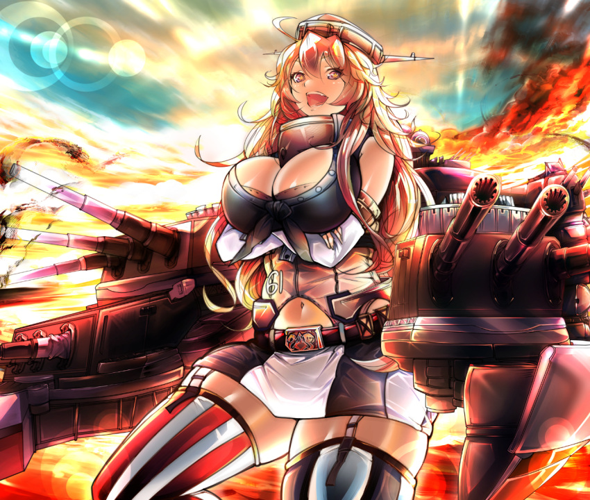 1girl blonde_hair blue_eyes breasts elbow_gloves fingerless_gloves front-tie_top garter_straps gloves iowa_(kantai_collection) kantai_collection large_breasts large_thighs machinery masayoshi miniskirt skirt solo star star-shaped_pupils striped striped_legwear sunset symbol-shaped_pupils thick_thighs thigh-highs thighs vertical-striped_legwear vertical_stripes
