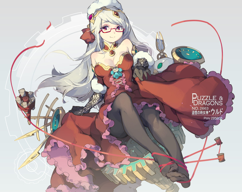 1girl bare_shoulders black_gloves black_legwear breasts cleavage detached_collar dress elbow_gloves glasses gloves hat highres lace lace_gloves long_hair looking_at_viewer medium_breasts pantyhose puzzle_&amp;_dragons red-framed_eyewear red-framed_glasses red_dress red_eyes red_ribbon ribbon semi-rimless_glasses silver_hair sitting smile solo tennohi urd_(p&amp;d)