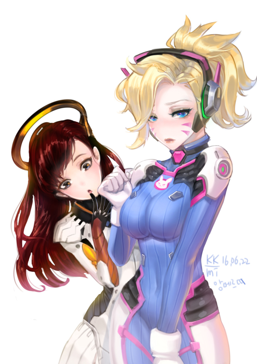 2girls blonde_hair blue_eyes bodysuit breasts brown_eyes brown_hair cosplay costume_switch d.va_(overwatch) d.va_(overwatch)_(cosplay) headphones high_ponytail highres kkmi long_hair looking_at_viewer mechanical_halo medium_breasts mercy_(overwatch) mercy_(overwatch)_(cosplay) multiple_girls overwatch pilot_suit whisker_markings wings