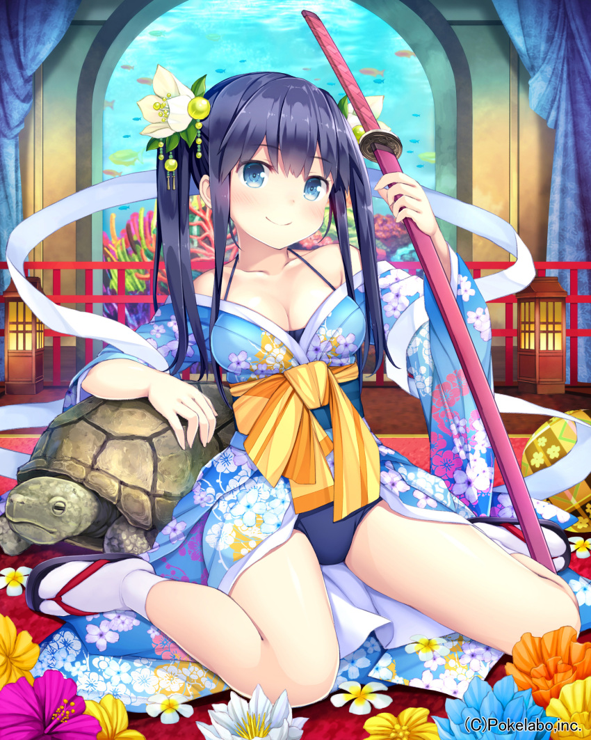 1girl absurdres arm_support arm_up bangs bare_shoulders black_hair blue_eyes blush breasts cleavage collarbone company_name coral curtains eyebrows eyebrows_visible_through_hair fish floral_print flower full_body hair_flower hair_ornament highres holding holding_weapon japanese_clothes kimono long_hair looking_at_viewer namaru_(summer_dandy) official_art ribbon sandals sash sitting smile socks solo strap sword turtle twintails unmei_no_clan_battle wariza water weapon