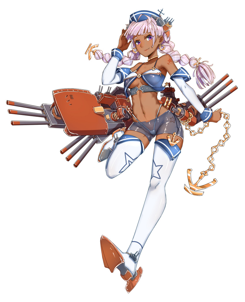 12cat 1girl absurdres ahoge anchor bare_shoulders braid breasts brooklyn_(zhan_jian_shao_nyu) cannon chains choker dark_skin detached_sleeves earrings fang full_body hat headgear highleg highleg_panties highres jewelry lavender_hair long_hair looking_at_viewer machinery mecha_musume navel o'higgins_(zhan_jian_shao_nyu) official_art panties see-through shorts smile solo star star_print tattoo thigh-highs twin_braids under_boob underwear uss_brooklyn_(zhan_jian_shao_nyu) violet_eyes white_background white_legwear zhan_jian_shao_nyu