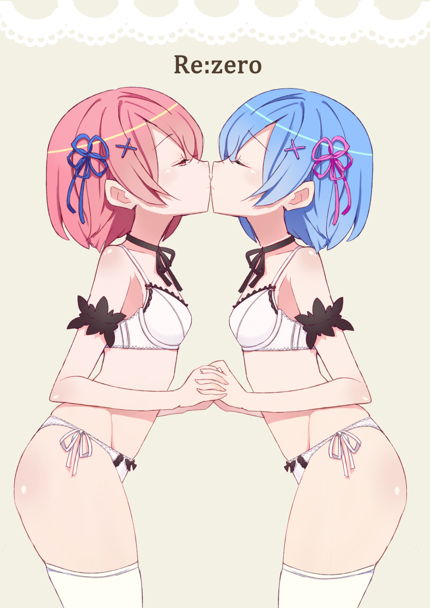 2girls absurdres bare_shoulders black_bow black_ribbon blue_hair blue_ribbon bow bow_panties bra breasts choker collarbone copyright_name eyebrows eyebrows_visible_through_hair from_side groin hair_ornament hair_ribbon hand_holding hands_together highres incest interlocked_fingers jewriel kiss multiple_girls panties profile ram_(re:zero) re:zero_kara_hajimeru_isekai_seikatsu red_eyes red_ribbon redhead rem_(re:zero) ribbon ribbon_choker short_hair siblings side-tie_panties sisters thigh-highs twincest twins underwear underwear_only white_bra white_legwear white_panties x_hair_ornament yuri