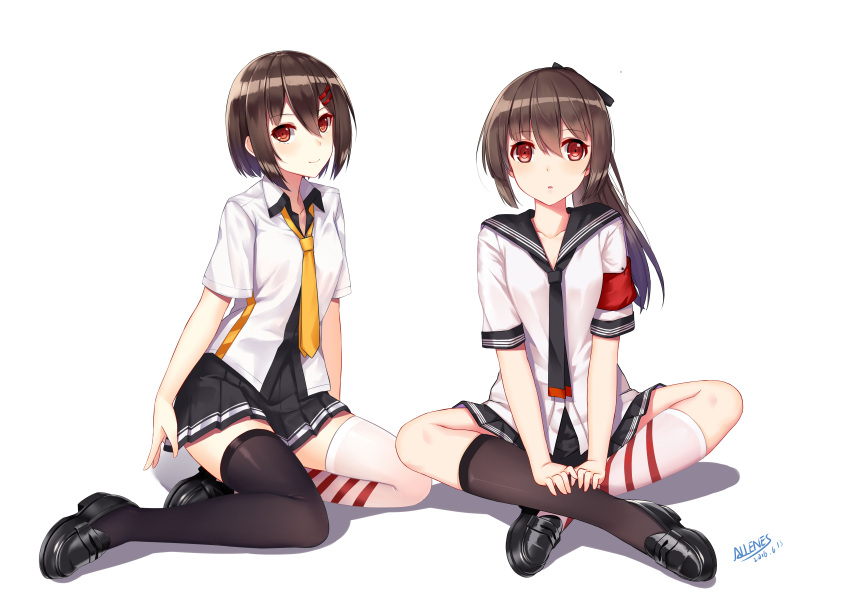 2girls :o absurdres allenes armband ayanami_(zhan_jian_shao_nyu) black_legwear bow brown_hair hair_between_eyes hair_bow hair_ornament hairclip highres indian_style kneehighs loafers long_hair looking_at_viewer mismatched_legwear multiple_girls necktie pleated_skirt ponytail red_eyes school_uniform shikinami_(zhan_jian_shao_nyu) shoes short_hair sitting skirt smile striped striped_legwear thigh-highs white_legwear yokozuwari zhan_jian_shao_nyu