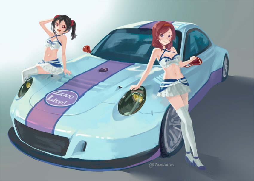 2girls black_hair car goodsmile_racing ground_vehicle high_heels long_hair love_live! love_live!_school_idol_project midriff motor_vehicle multiple_girls nishikino_maki racequeen red_eyes redhead short_hair thigh-highs tomiwo twintails violet_eyes yazawa_nico