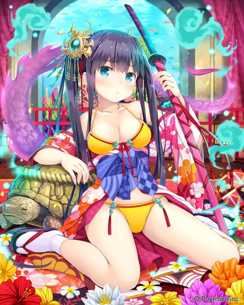 1girl absurdres arm_support arm_up bangs bare_shoulders bikini black_hair blue_eyes blush breasts cleavage collarbone company_name coral curtains eyebrows eyebrows_visible_through_hair fish floral_print flower full_body gem hair_ornament highres holding holding_weapon japanese_clothes kimono long_hair looking_at_viewer namaru_(summer_dandy) official_art rope sandals sash sitting small_breasts socks solo string_bikini swimsuit sword tail tassel turtle twintails unmei_no_clan_battle very_long_hair wariza water weapon yellow_bikini
