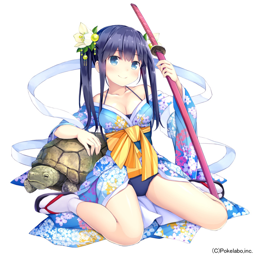 1girl absurdres arm_support arm_up bangs bare_shoulders black_hair blue_eyes blush breasts cleavage collarbone company_name eyebrows eyebrows_visible_through_hair floral_print flower full_body hair_flower hair_ornament highres holding holding_weapon japanese_clothes kimono long_hair looking_at_viewer namaru_(summer_dandy) official_art ribbon sandals sash simple_background sitting smile socks solo strap sword turtle twintails unmei_no_clan_battle wariza weapon white_background