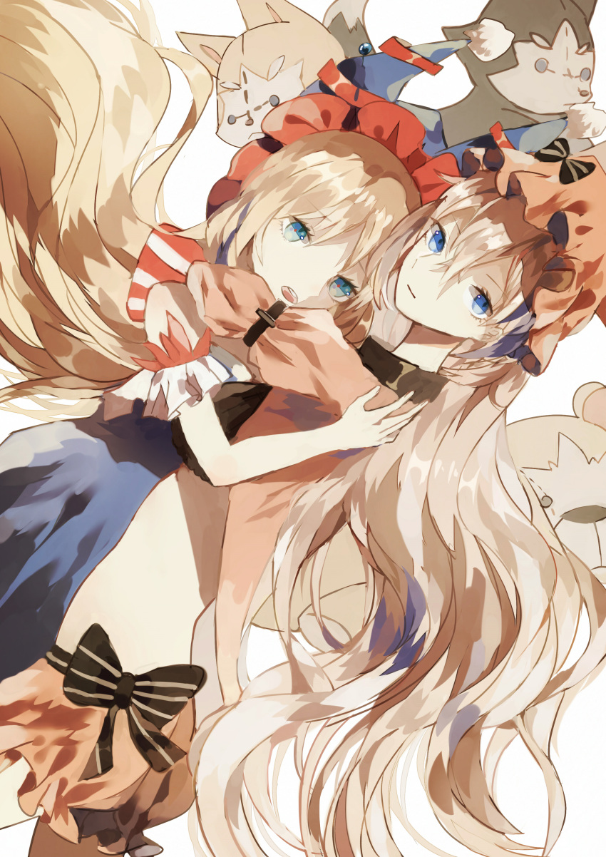 2girls :| absurdres bad_anatomy bad_proportions blue_eyes bow chocolate_(jitong) dutch_angle hat highres hug light_brown_hair long_hair looking_at_viewer merc_storia multiple_girls open_mouth poorly_drawn striped striped_bow stuffed_animal stuffed_toy white_background