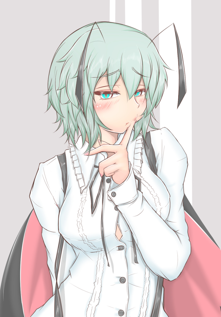 1girl alternate_breast_size antennae aqua_eyes arm_behind_back blouse blush breasts buttons cape cheek_poking cube85 green_hair hair_between_eyes highres large_breasts lips long_sleeves looking_at_viewer poking short_hair suspenders touhou upper_body white_blouse wriggle_nightbug