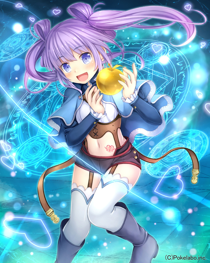 1girl absurdres apple bangs belt blush boots buckle capelet company_name eyebrows eyebrows_visible_through_hair food fruit garter_straps hair_rings heart highres juliet_sleeves long_hair long_sleeves looking_at_viewer magic_circle midriff namaru_(summer_dandy) navel official_art open_mouth puffy_sleeves purple_hair shorts solo tattoo thigh-highs twintails underbust unmei_no_clan_battle violet_eyes white_legwear