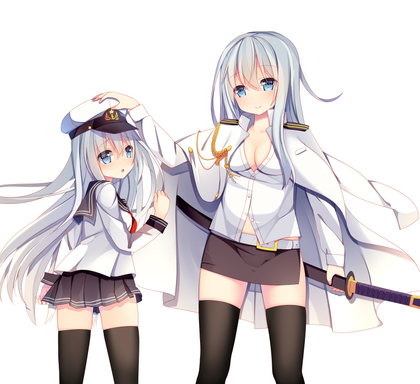 2girls :o absurdres aiguillette anchor_symbol arm_at_side arm_up black_legwear black_skirt blush breasts buttons cleavage closed_mouth dual_persona from_behind hair_between_eyes hat height_difference hibiki_(kantai_collection) highres jyt kantai_collection katana long_hair long_sleeves looking_at_viewer looking_back military military_uniform multiple_girls naval_uniform neckerchief older open_mouth peaked_cap pencil_skirt petting pleated_skirt school_uniform serafuku sheath sheathed shirt side_slit silver_hair simple_background skirt standing sword thigh-highs uniform very_long_hair weapon white_background white_hat white_shirt zettai_ryouiki