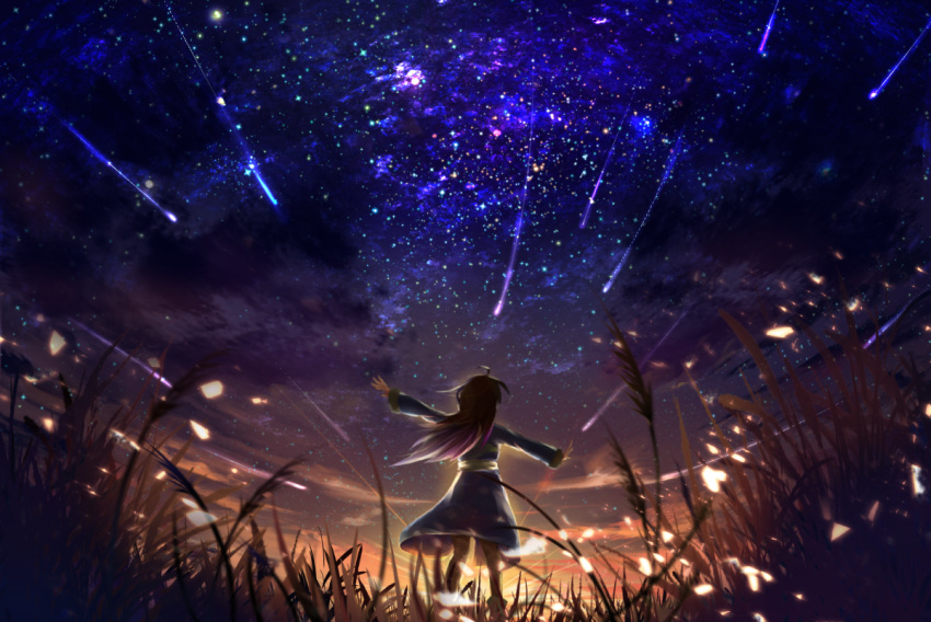 1girl ahoge autumn backlighting clouds commentary dark dress from_behind grass light_particles light_rays long_hair nanon_01 night night_sky original outstretched_arms purple_hair scenery shooting_star sky solo star_(sky) sunlight sunset wind