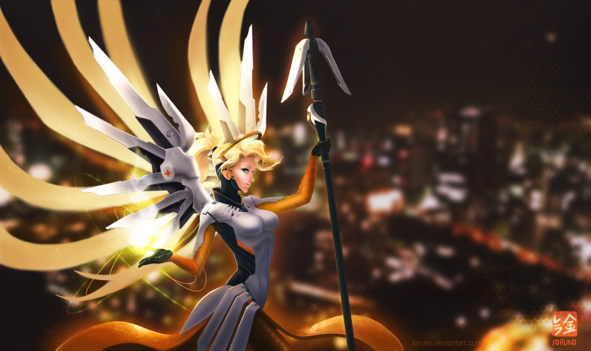 1girl armor artist_name black_gloves blonde_hair blue_eyes bodysuit breastplate breasts brown_legwear cowboy_shot emblem energy_ball faulds gloves glowing hair_ornament hair_tie headgear highres holding holding_staff holding_weapon ioruko lips loincloth long_hair looking_at_viewer mechanical_halo mechanical_wings medium_breasts mercy_(overwatch) overwatch pantyhose ponytail short_hair solo spread_wings staff watermark weapon web_address wings