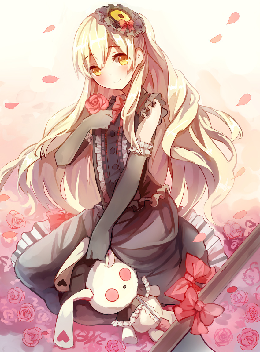 1girl black_dress black_gloves blonde_hair dress elbow_gloves gloves hair_ornament highres holding long_hair looking_at_viewer mayu_(vocaloid) petals rabbit red_flower red_ribbon ribbon smile solo vocaloid yellow_eyes you_hashira