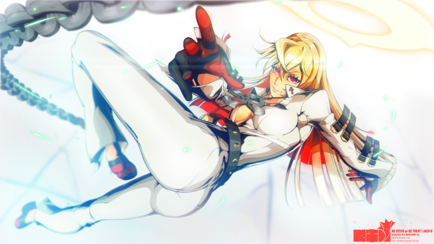 1girl ahoge arc_system_works ass blonde_hair bodysuit breasts chains enkirnd gloves guilty_gear guilty_gear_xrd guilty_gear_xrd:_revelator halo jack-o_(guilty_gear) long_hair looking_at_viewer multicolored_hair pantylines red_eyes redhead shiny shiny_clothes shiny_hair skin_tight smile solo very_long_hair