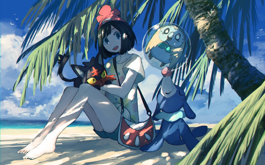 10s 1girl bag bangs bare_legs barefoot beach beanie bird blue_eyes blue_sky blunt_bangs cat closed_eyes clouds cloudy_sky collarbone creature female_protagonist_(pokemon_sm) floral_print green_shorts handbag hat highres litten_(pokemon) looking_to_the_side ocean open_mouth owl palm_tree pippi_(pixiv_1922055) pokemon pokemon_(creature) pokemon_(game) pokemon_sm popplio red_hat round_teeth rowlet seal shirt short_hair shorts sitting sky smile teeth tree water yellow_sclera yellow_shirt