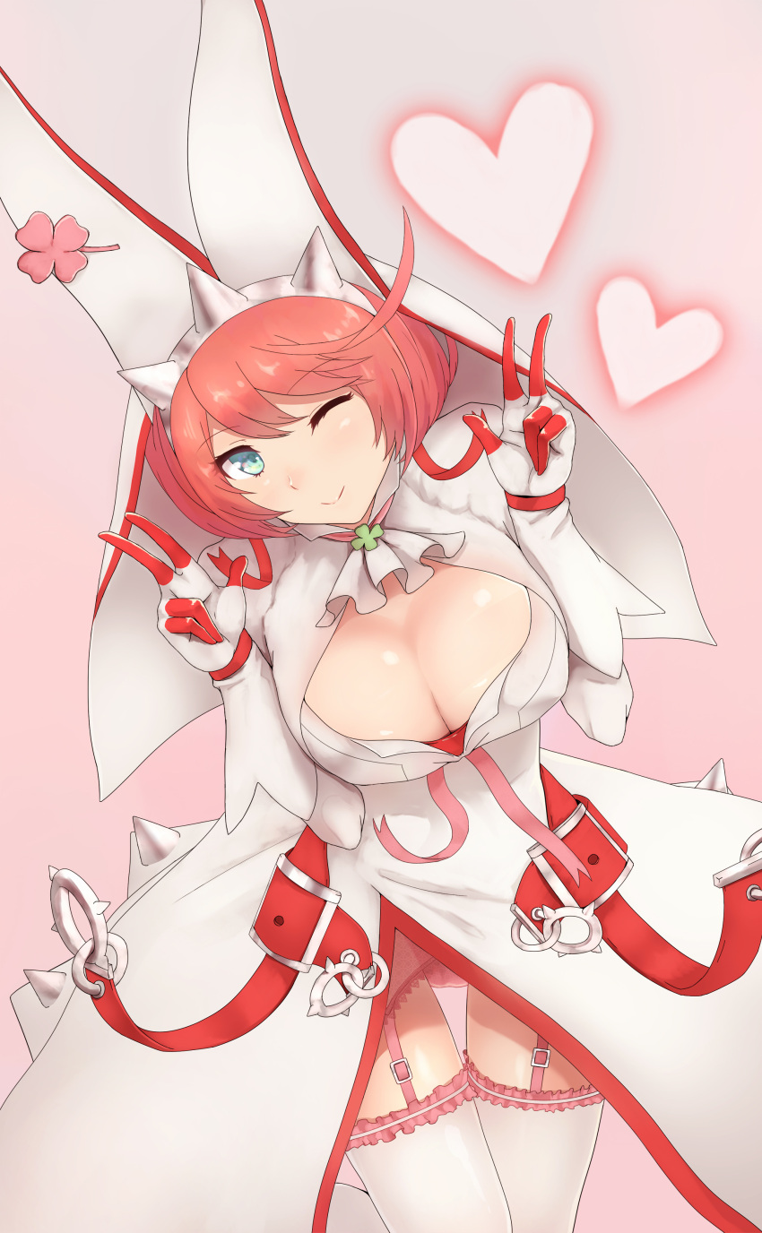 1girl ahoge aqua_eyes arc_system_works artist_request blush breasts bridal_veil cleavage clover double_v dress elphelt_valentine erect_nipples four-leaf_clover garter_belt gloves guilty_gear guilty_gear_xrd heart huge_breasts long_sleeves looking_at_viewer one_eye_closed panties pantyshot pink_background pink_hair puffy_sleeves ribbon shiny shiny_hair shiny_skin short_hair simple_background smile solo spikes thigh-highs underwear v veil wedding_dress white_dress
