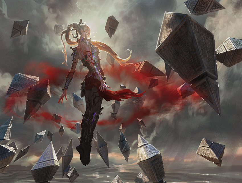 1girl armor armored_boots back blonde_hair blood blood_on_face boots bracer clouds cloudy_sky floating from_behind full_body grey_legwear johannes_voss knee_boots levitation lips long_hair looking_afar looking_back magic:_the_gathering marking_on_cheek markings outdoors pantyhose ponytail red_eyes red_lips red_skirt shoulder_spikes skirt sky solo spaulders spikes tattoo vampire vampire_envoy