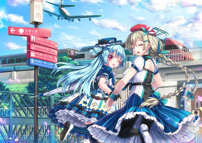 2girls ;p ^_^ aircraft airplane beret blue_hair bow braid china_railway_girl closed_eyes ground_vehicle hair_bow hair_ornament hair_ribbon hairpin hat locomotive long_hair looking_at_viewer multiple_girls north_abyssor one_eye_closed red_eyes ribbon signpost silver_hair tongue tongue_out train translation_request twin_braids