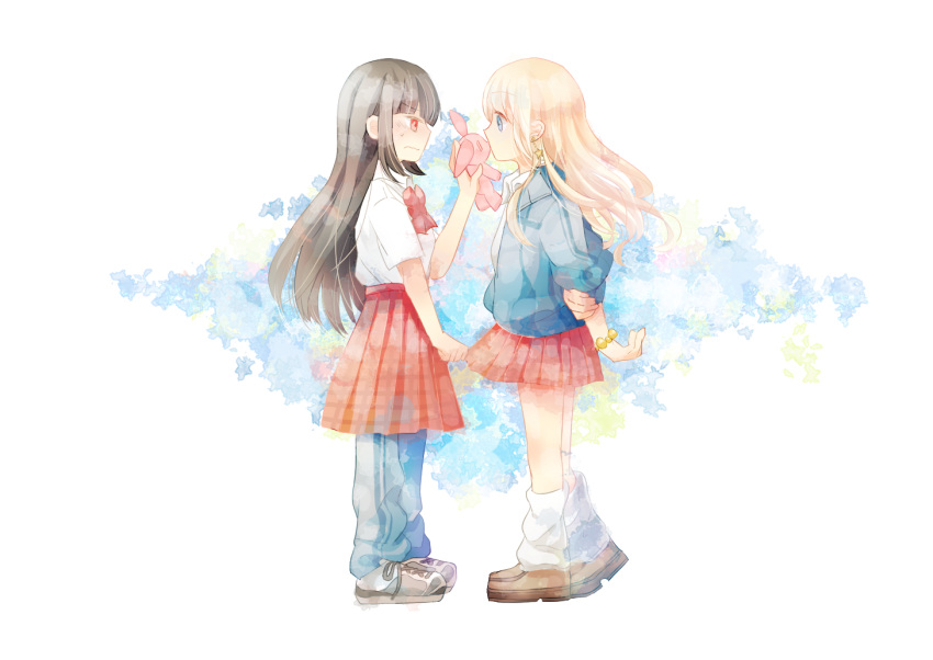 2girls black_hair blonde_hair blue_eyes blush bow earrings eye_contact jacket jewelry kiss long_hair looking_at_another multiple_girls original red_eyes school_uniform shoes simple_background skirt sneakers stuffed_animal stuffed_toy track_jacket very_long_hair wavy_mouth white_background yuri