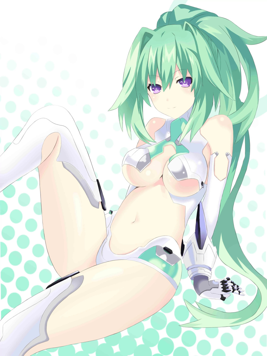1girl absurdres bare_shoulders boots breasts choujigen_game_neptune cleavage elbow_gloves gloves green_hair green_heart highres large_breasts leaning_back light_smile long_hair looking_at_viewer md5_mismatch midriff navel neptune_(series) ponytail power_symbol ramu-on@_shinon sitting solo source_request symbol-shaped_pupils thigh-highs thigh_boots under_boob vert very_long_hair violet_eyes white_boots white_gloves white_legwear