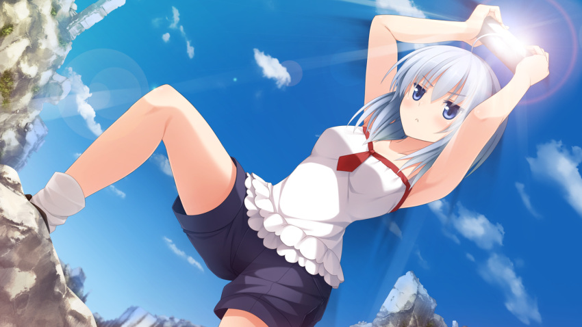 1girl blue_eyes blush clouds eyebrows eyebrows_visible_through_hair female game_cg grey_hair imouto_no_katachi meta_(imouto_no_katachi) rocks ruins short_hair shorts sky socks solo sphere sun white_hair