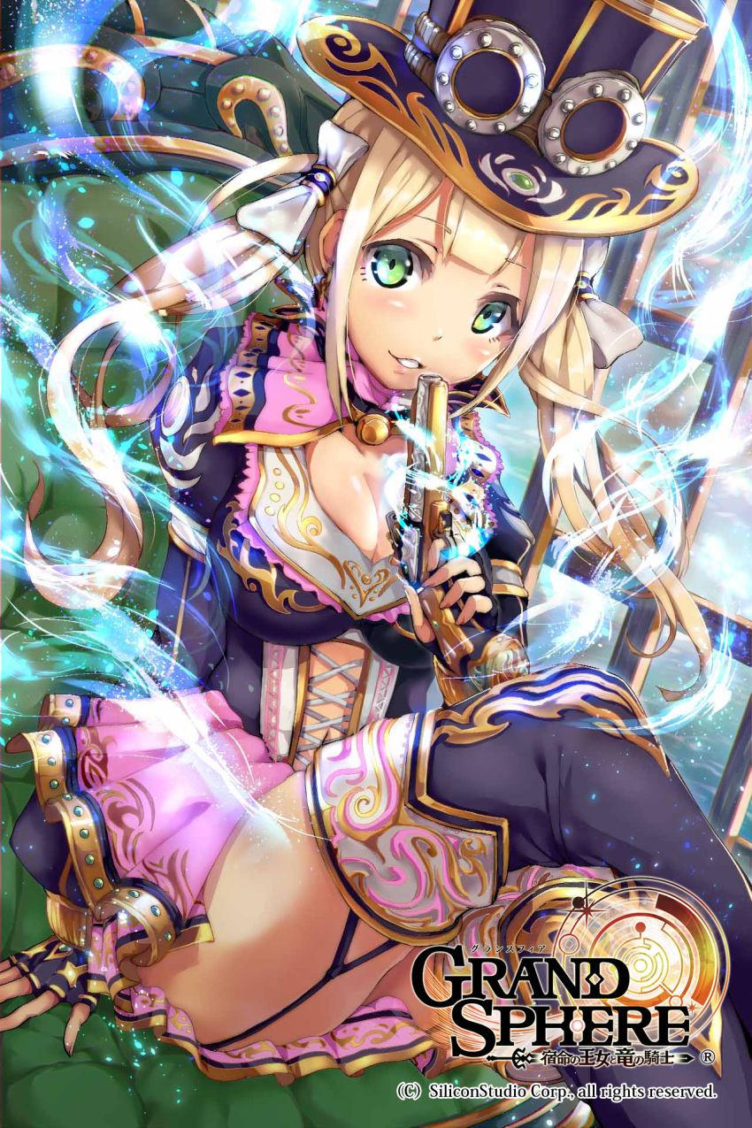 armadillo-tokage blonde_hair bow breasts cleavage corset couch fingerless_gloves fire gem gloves goggles_on_hat grand_sphere gun hair_bow hat highres multicolored_eyes screencap skirt smile thigh-highs twintails watermark weapon window zettai_ryouiki