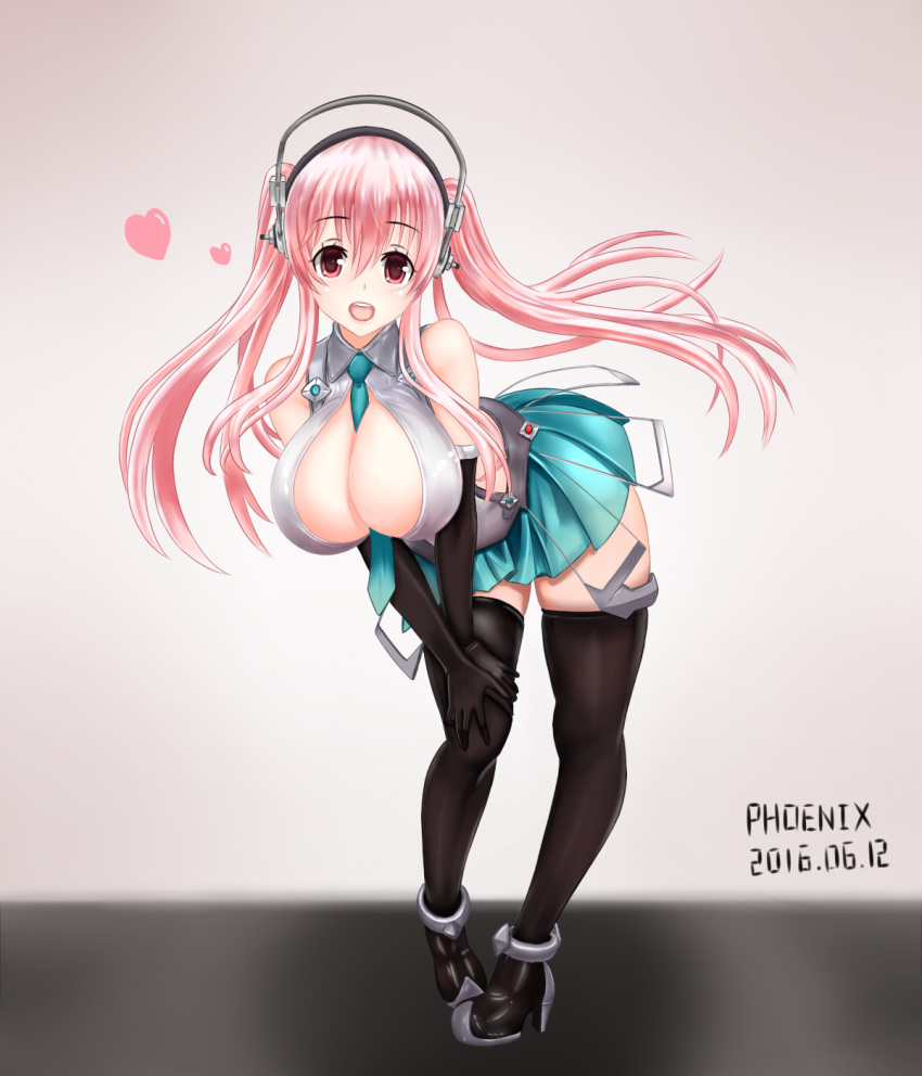 1girl bare_shoulders between_breasts black_legwear blush boots breasts cleavage derivative_work elbow_gloves gloves goodsmile_racing headphones highres large_breasts long_hair looking_at_viewer necktie necktie_between_breasts nitroplus open_clothes open_mouth phoenix_(pixiv8412452) pink_eyes pink_hair racequeen smile solo super_sonico thigh-highs thigh_boots twintails