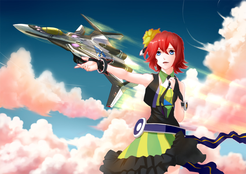 1girl belt black_dress blue_sky canards clouds cowboy_shot day dress flying frank_patriot hair_between_eyes kaname_buccaneer light_rays looking_at_viewer macross macross_delta mecha messer_ihlefeld music open_mouth outdoors outstretched_arm plant redhead science_fiction short_hair singing skirt sky songstress standing variable_fighter vf-31 vf-31_siegfried