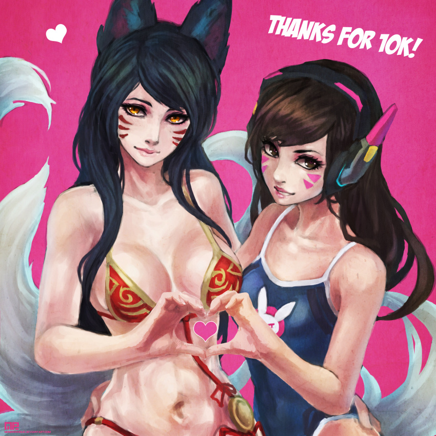 2girls absurdres ahri animal_ears artist_name bare_shoulders bikini black_hair breasts breasts_apart brown_eyes brown_hair bunny_print cleavage collarbone d.va_(overwatch) english facepaint facial_mark fang female fingernails fox_ears fox_tail hand_on_another's_hip hands headphones heart heart_hands heart_hands_duo highres hits large_breasts league_of_legends lips lipstick long_hair looking_at_viewer makeup monori_rogue multiple_girls multiple_tails mutual_yuri neck one-piece_swimsuit overwatch parted_lips pink_background pink_lips rabbit red_bikini school_swimsuit simple_background smile swimsuit tail text thank_you thanks trait_connection watermark web_address whisker_markings yellow_eyes yuri
