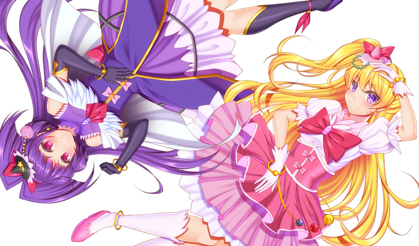2girls asahina_mirai black_boots black_gloves black_hat blonde_hair boots bow bracelet brooch cure_magical cure_miracle elbow_gloves frills gloves hair_bow half_updo hat highres izayoi_liko jewelry knee_boots long_hair looking_at_viewer magical_girl mahou_girls_precure! mini_hat mini_witch_hat multiple_girls pink_bow pink_hat pink_skirt ponytail precure purple_hair purple_skirt red_bow rotational_symmetry shiboru skirt smile violet_eyes white_background white_boots white_gloves witch_hat