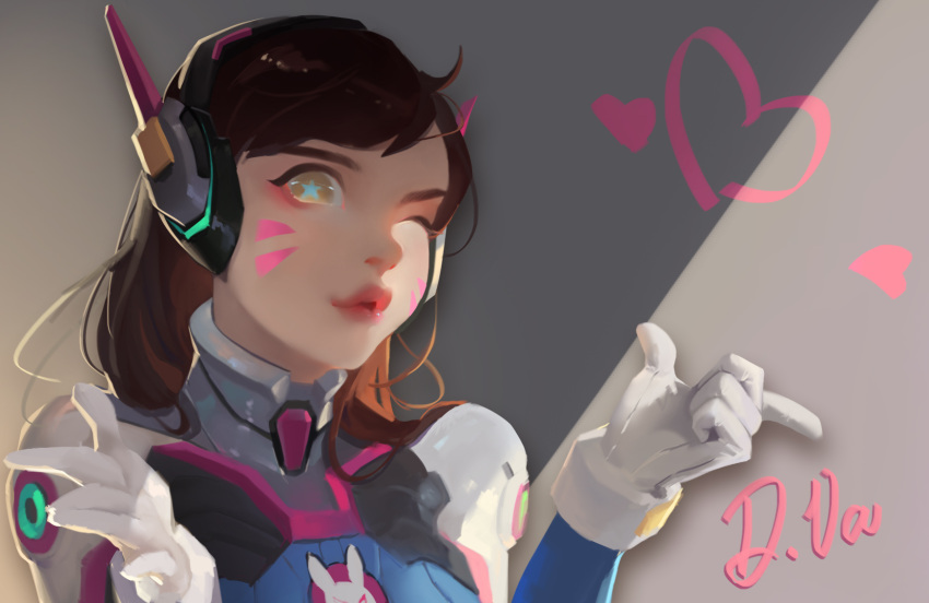 1girl ;) bing_bing blown_kiss bodysuit brown_eyes brown_hair character_name d.va_(overwatch) facial_mark gloves headphones heart highres long_hair one_eye_closed overwatch pilot_suit smile solo star star-shaped_pupils symbol-shaped_pupils upper_body whisker_markings white_gloves