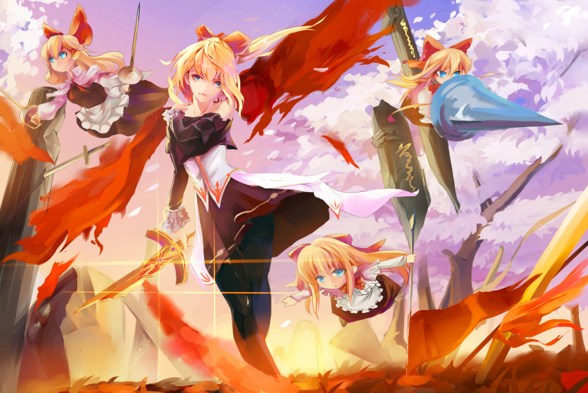 1girl absurdres alice_margatroid apron bare_shoulders blonde_hair blue_eyes bow broken broken_sword broken_weapon doll dual_wielding excalibur fate/stay_night fate_(series) hair_bow highres lance looking_at_viewer minigirl pants pantyhose polearm rapier shanghai_doll skirt smile sora_no_aotorida sword touhou waist_apron weapon