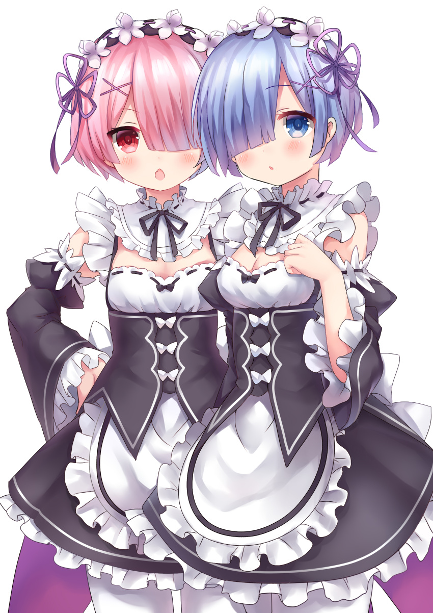 2girls absurdres bare_shoulders black_ribbon blue_eyes blue_hair blush breasts chestnut_mouth cleavage detached_collar detached_sleeves dress fang hair_between_eyes hair_ornament hand_on_hip highres long_sleeves looking_at_viewer maid maid_headdress multiple_girls open_mouth parted_lips pink_eyes pink_hair ram_(re:zero) re:zero_kara_hajimeru_isekai_seikatsu rem_(re:zero) ribbon ribbon-trimmed_clothes ribbon-trimmed_collar ribbon-trimmed_sleeves ribbon_trim shiodome_oji short_hair siblings sisters small_breasts standing twins white_legwear x_hair_ornament