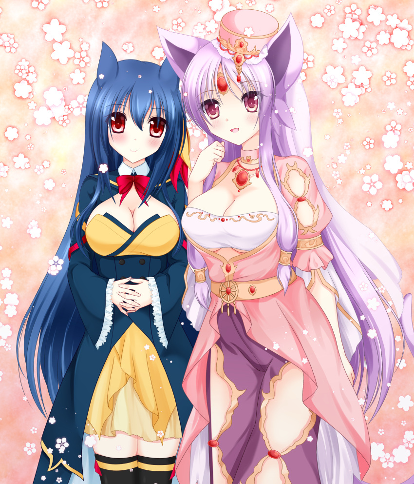 2girls absurdres animal_ears arm_at_side black_legwear blue_hair blush borrowed_character breasts cleavage clenched_hand espeon forehead_jewel gem hands_together hat highres interlocked_fingers jewelry large_breasts long_hair looking_at_viewer multiple_girls naiki_karin necklace personification pokemon purple_hair red_eyes standing typhlosion violet_eyes