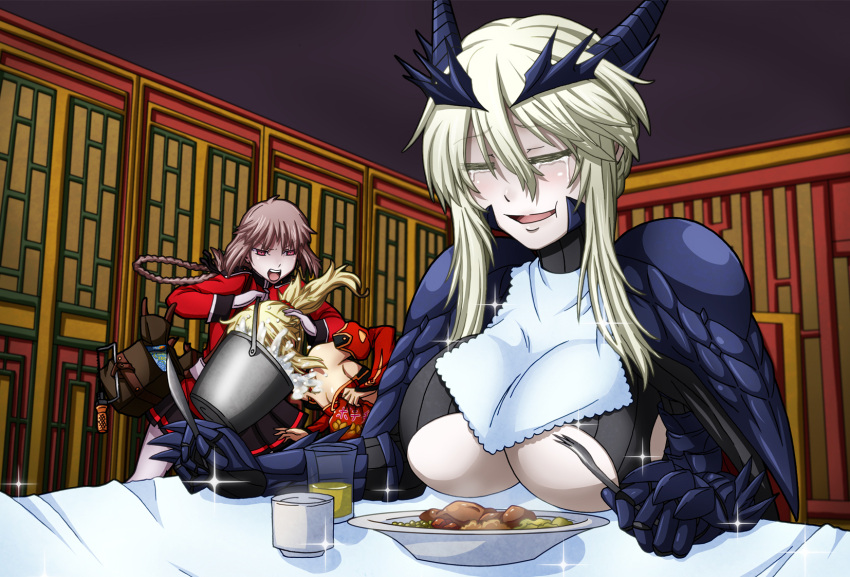 3girls artoria_pendragon_alter_(fate/grand_order) blonde_hair breasts bucket closed_eyes fate/apocrypha fate/grand_order fate_(series) female florence_nightingale_(fate/grand_order) hasebe_akira highres lancer_artoria large_breasts long_hair multiple_girls pantyhose saber saber_alter saber_of_red smile table tears under_boob