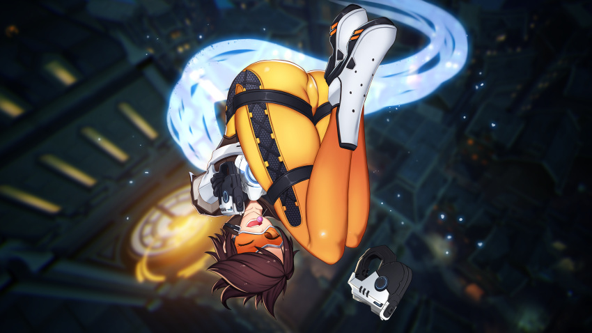 1girl ;d aiming_at_viewer ass bangs black_gloves bodysuit bomber_jacket boots brown_eyes brown_hair brown_jacket building candy character_name clock clock_tower collarbone cross-laced_clothes cross-laced_legwear daydream_(zhdkffk21) dual_wielding elbow_gloves full_body fur_trim gloves glowing goggles gun handgun harness highres holding holding_gun holding_weapon jacket knee_boots leather leather_jacket logo lollipop looking_at_viewer one_eye_closed open_mouth overwatch pants pistol shoes short_hair short_sleeves skin_tight sleeves_rolled_up smile solo spiky_hair swept_bangs thigh_strap thighs tight tight_pants tower tracer_(overwatch) upside-down vambraces weapon white_boots