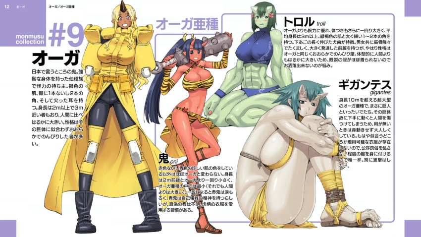 4girls :d abs black_hair blonde_hair blush boots breasts brown_eyes cleavage club dark_skin detached_sleeves elbow_pads end_card erect_nipples giantess gigantes_(monster_musume) green_eyes green_hair green_skin grey_skin horn horns inui_takemaru kinu_(monster_musume) knee_pads leg_hug long_hair monster_girl monster_musume_no_iru_nichijou multiple_girls muscle navel official_art ogre okayado oni open_mouth pointy_ears ponytail red_eyes red_oni red_skin sandals short_hair sideboob simple_background sitting smile spiked_club tiger_stripes tionishia translation_request troll troll_(monster_musume) tusks uniform very_long_hair weapon