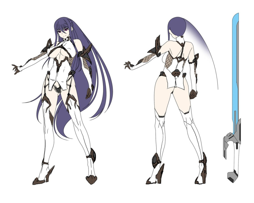1girl akiyama_rinko aoi_nagisa_(artist) ass back blue_hair bodysuit breasts character_sheet concept_art female flat_color full_body highres large_breasts lilith-soft long_hair official_art simple_background sketch smile solo sword taimanin_asagi taimanin_asagi_battle_arena taimanin_yukikaze very_long_hair weapon white_background