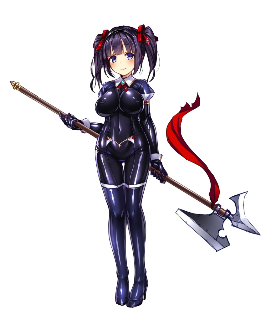 1girl bangs black_hair blue_eyes blunt_bangs blush bodysuit breasts brooch closed_mouth covered_navel erect_nipples eyebrows eyebrows_visible_through_hair glint gloves hair_ribbon halberd high_heels highres hips holding holding_weapon impossible_clothes jewelry large_breasts latex legs_together light_smile looking_at_viewer original polearm puffy_sleeves red_ribbon ribbon satou_kuuki shiny shiny_clothes short_twintails simple_background skin_tight smile solo standing thigh-highs thigh_gap twintails weapon white_background