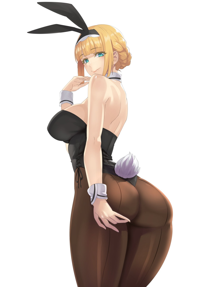 1girl animal_ears ass bare_shoulders blonde_hair blue_eyes blush braid breasts brown_legwear bunny_girl bunny_tail bunnysuit daglasses detached_collar fake_animal_ears french_braid hairband hand_on_ass highres large_breasts leotard original pantyhose rabbit_ears short_hair simple_background smile solo tail white_background wrist_cuffs