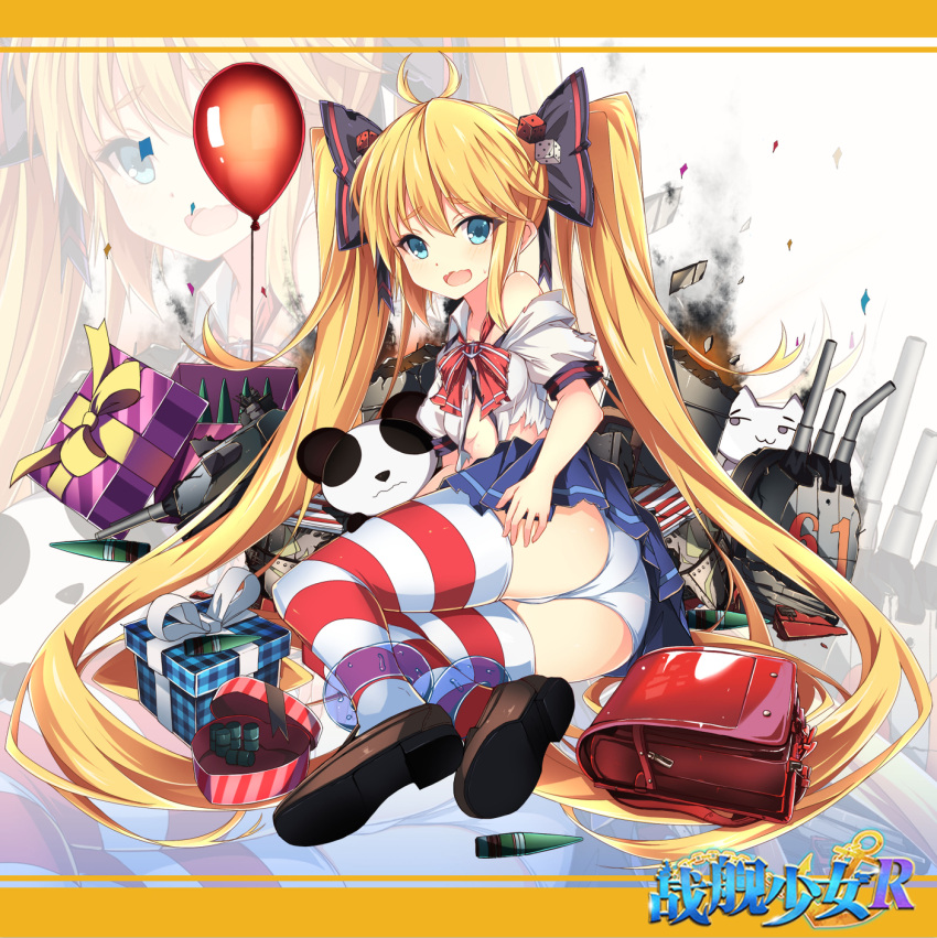 1girl :3 alternate_costume andrea_doria_(zhan_jian_shao_nyu) backpack bag balloon bare_shoulders black_bow blonde_hair blue_shirt bow box breasts broken brown_shoes bullet cat closed_mouth confetti copyright_name dice_hair_ornament eyebrows eyebrows_visible_through_hair full_body gift gift_box hair_bow hair_ornament highres jianren letterboxed long_hair lying machinery neck_ribbon number off_shoulder official_art on_side open_mouth panties pleated_skirt puffy_short_sleeves puffy_sleeves randoseru red_ribbon ribbon shirt shoes short_sleeves skirt small_breasts smoke solo striped striped_legwear stuffed_animal stuffed_cat stuffed_panda stuffed_toy sweatdrop tears thick_eyebrows thigh-highs torn_clothes torn_shirt torn_skirt twintails underwear very_long_hair wavy_mouth white_panties white_shirt younger zhan_jian_shao_nyu zoom_layer